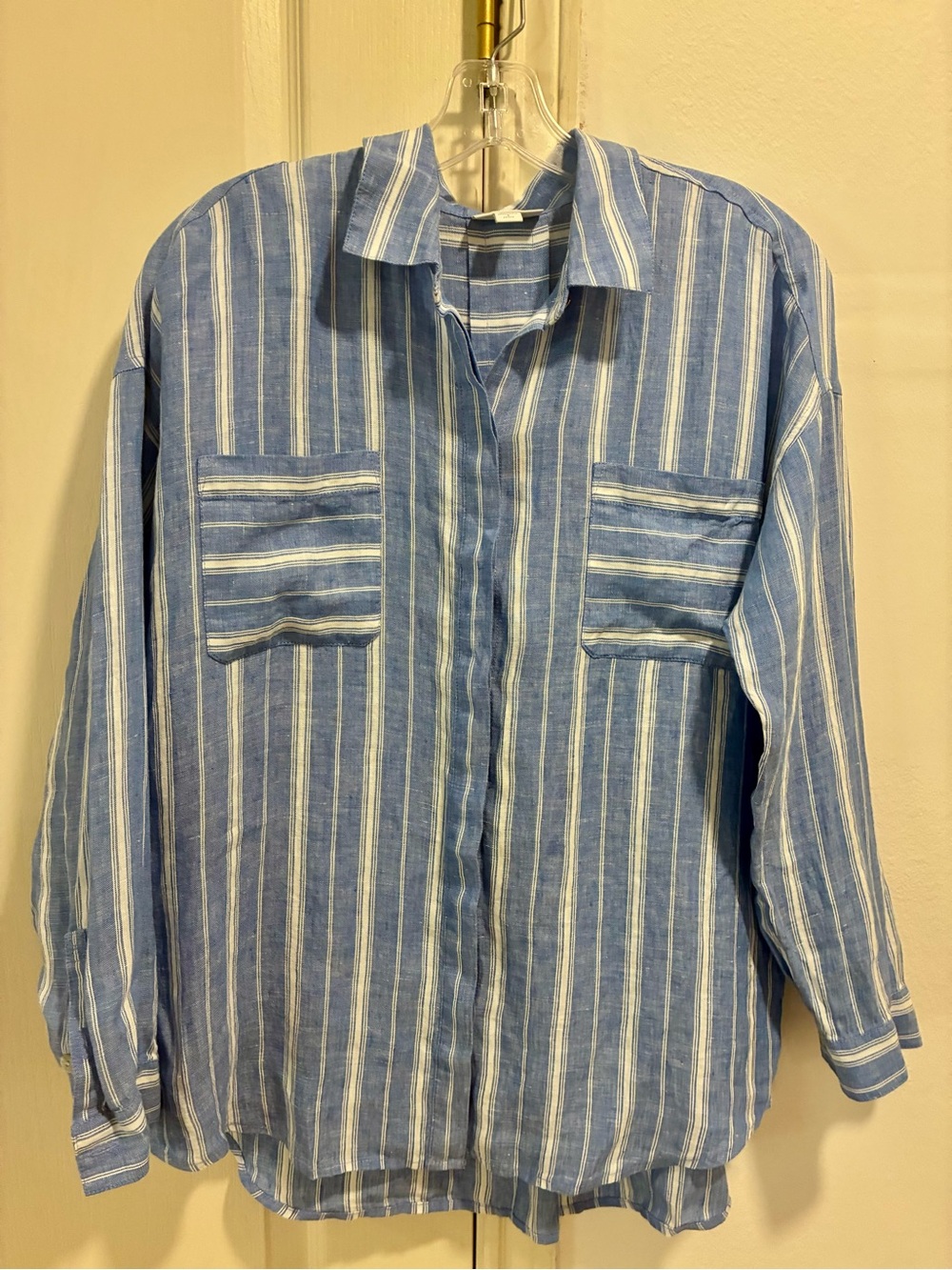 J. Jill Blue and White Striped Women's Button-Down Shirt 100% linen Small Petite